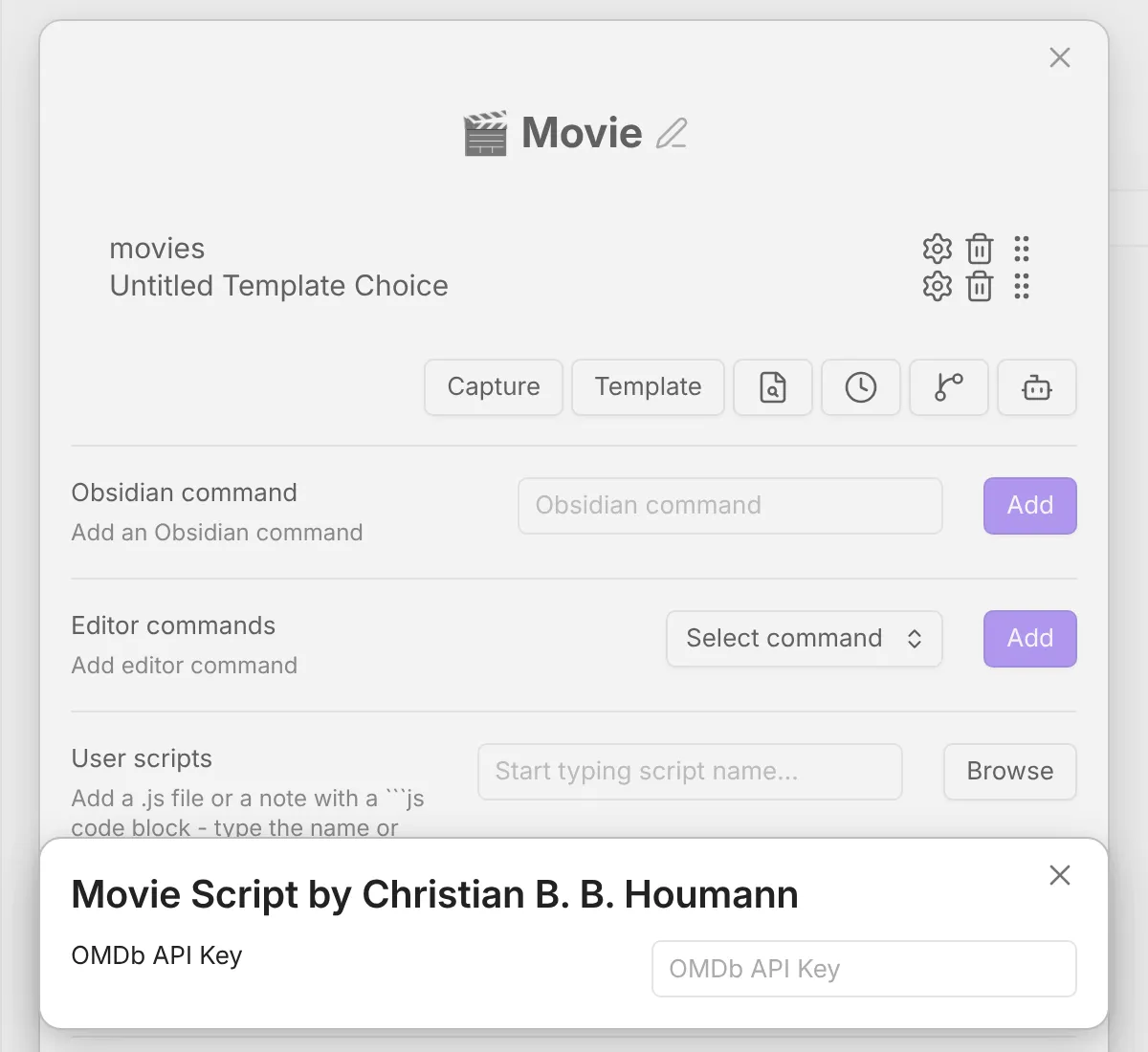 The Movie macro with the movies script settings open, showing the OMDb API Key field