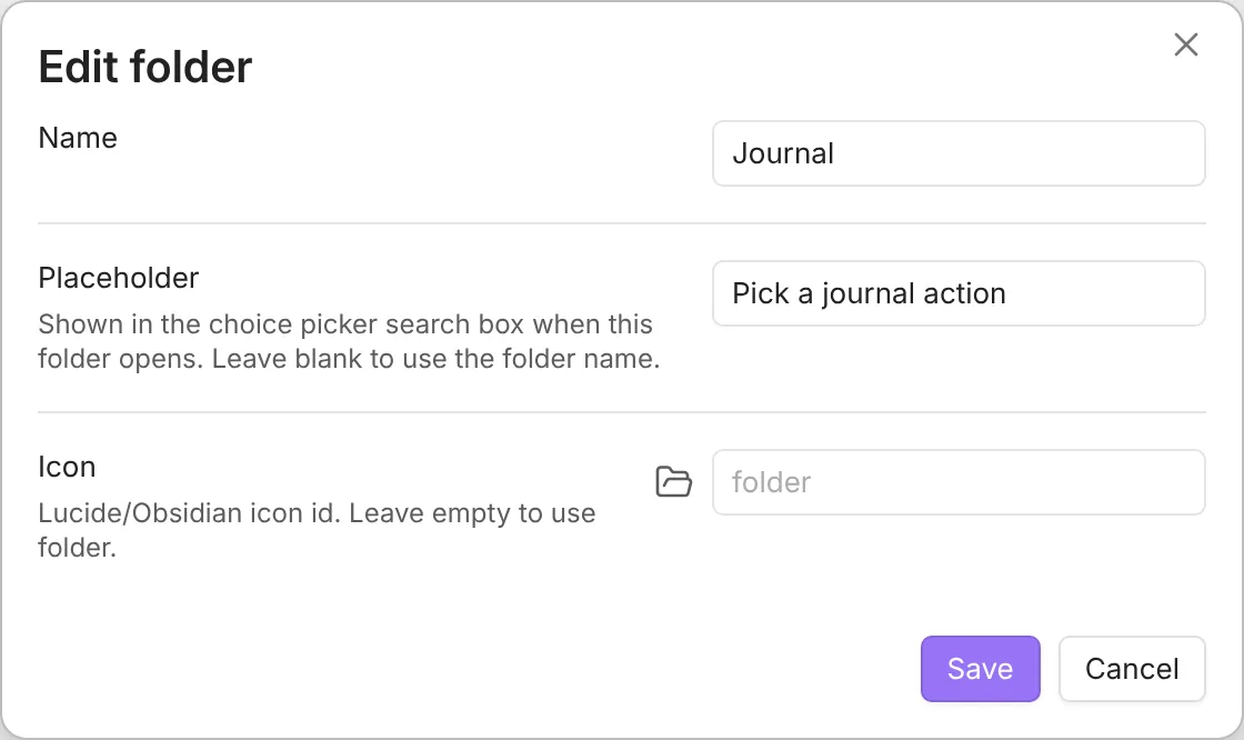 The Edit folder modal with Name, Placeholder, and Icon settings